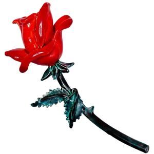 Vintage 70s 80s Red Enamel Rose Brooch Gold Tone Floral Pin Fun Flower Power